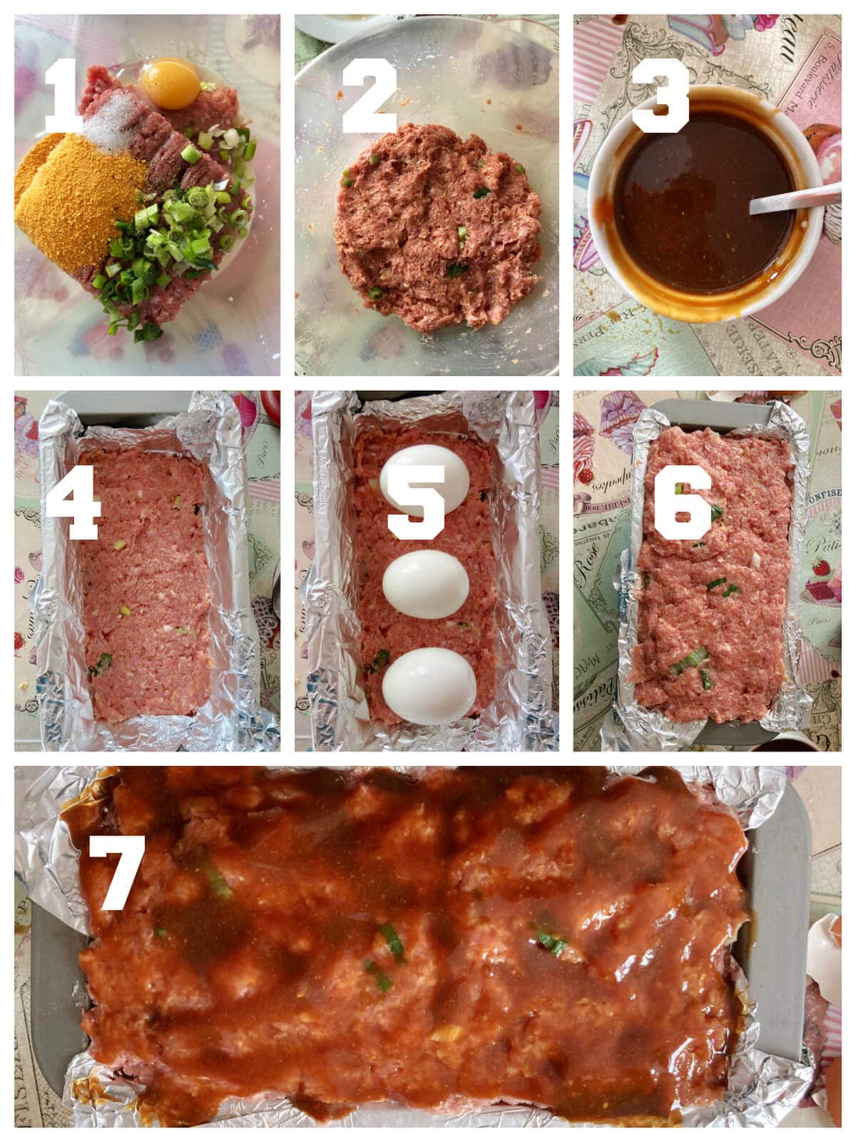 Collage of 7 photos to show how to make turkey meatloaf with hard boiled eggs.