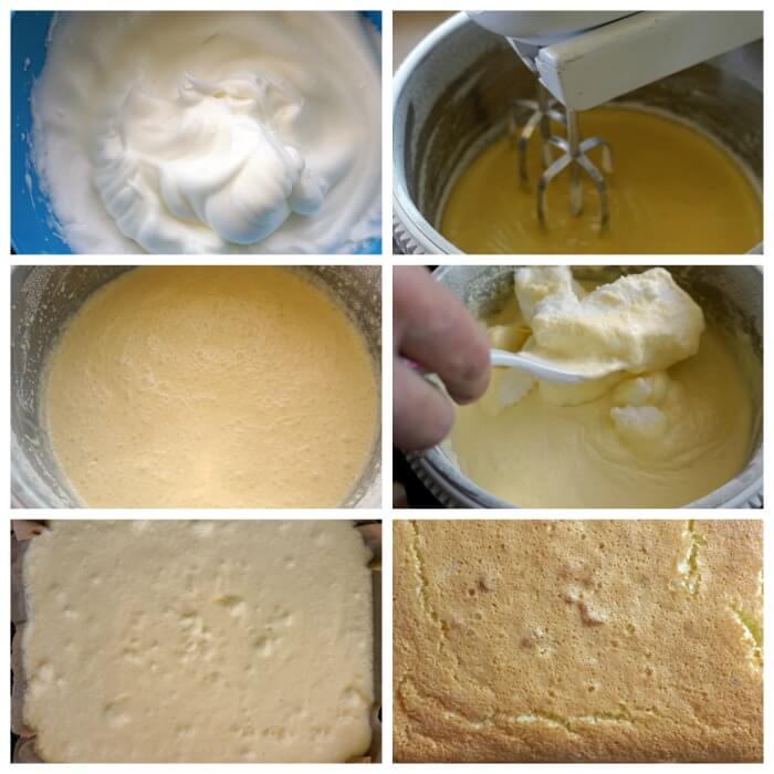A collage of 6 photos to show step-by-step instructions on how to make a magic cake