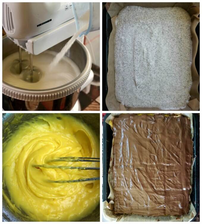 A collage of 4 photos to show how to make poppy seed cake with homemade vanilla custard and nutella