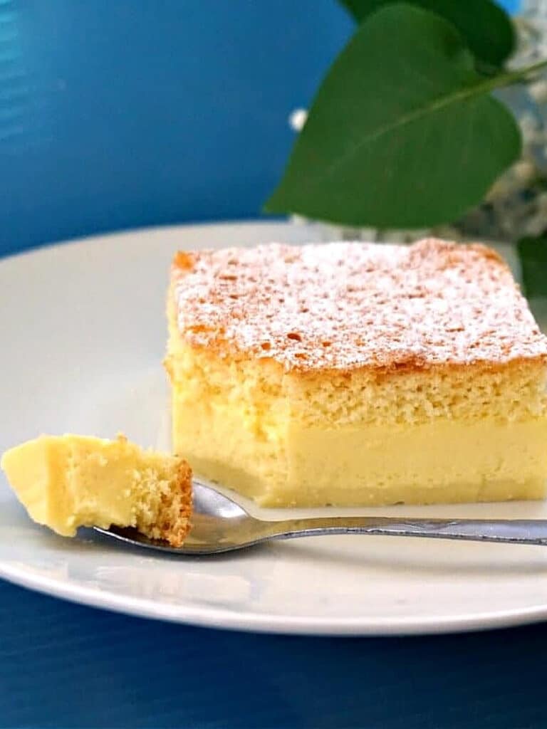 A slice of cake on a white plate