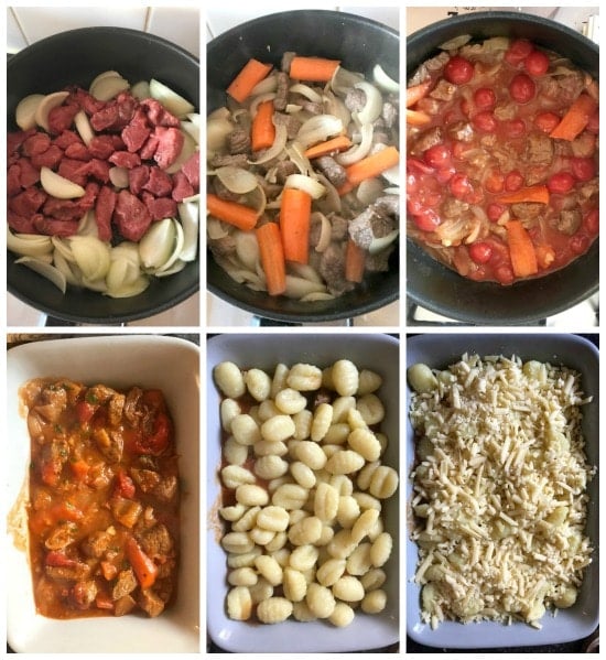 Collage of 6 photos to show how to make beef casserole with gnocchi