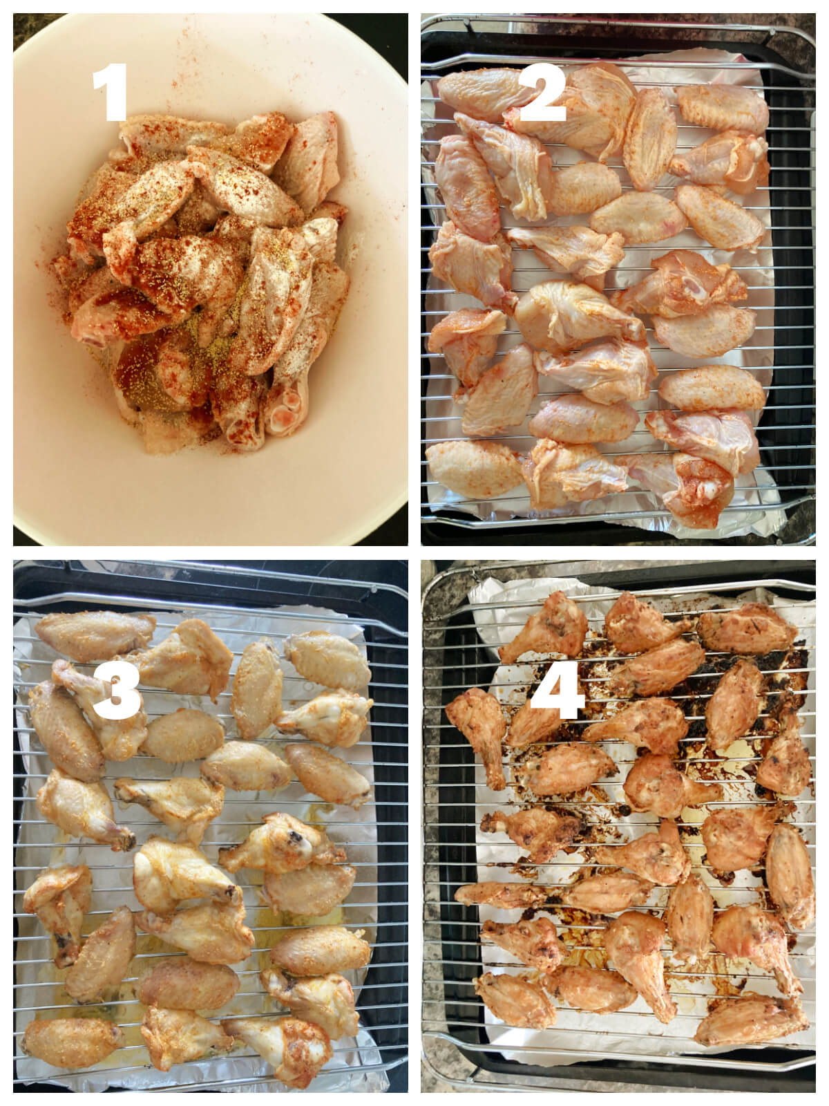 Collage of 4 photos to show how to make chicken wings in the oven.