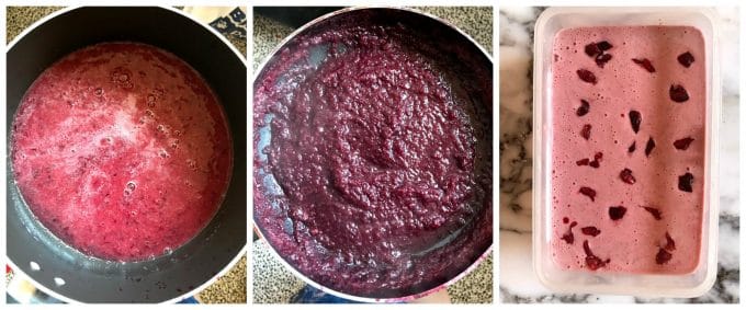 Collage of 3 photos to show how to make homemade no churn cherry ice cream.