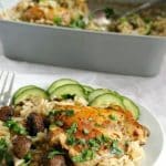 One-Pot Baked Chicken with Rice and Mushrooms and a refreshing cucumber salad on the side, a complete dinner recipe to be enjoyed by the whole family. Healthy, filling, gluten free, this dish is absolutely delicious.