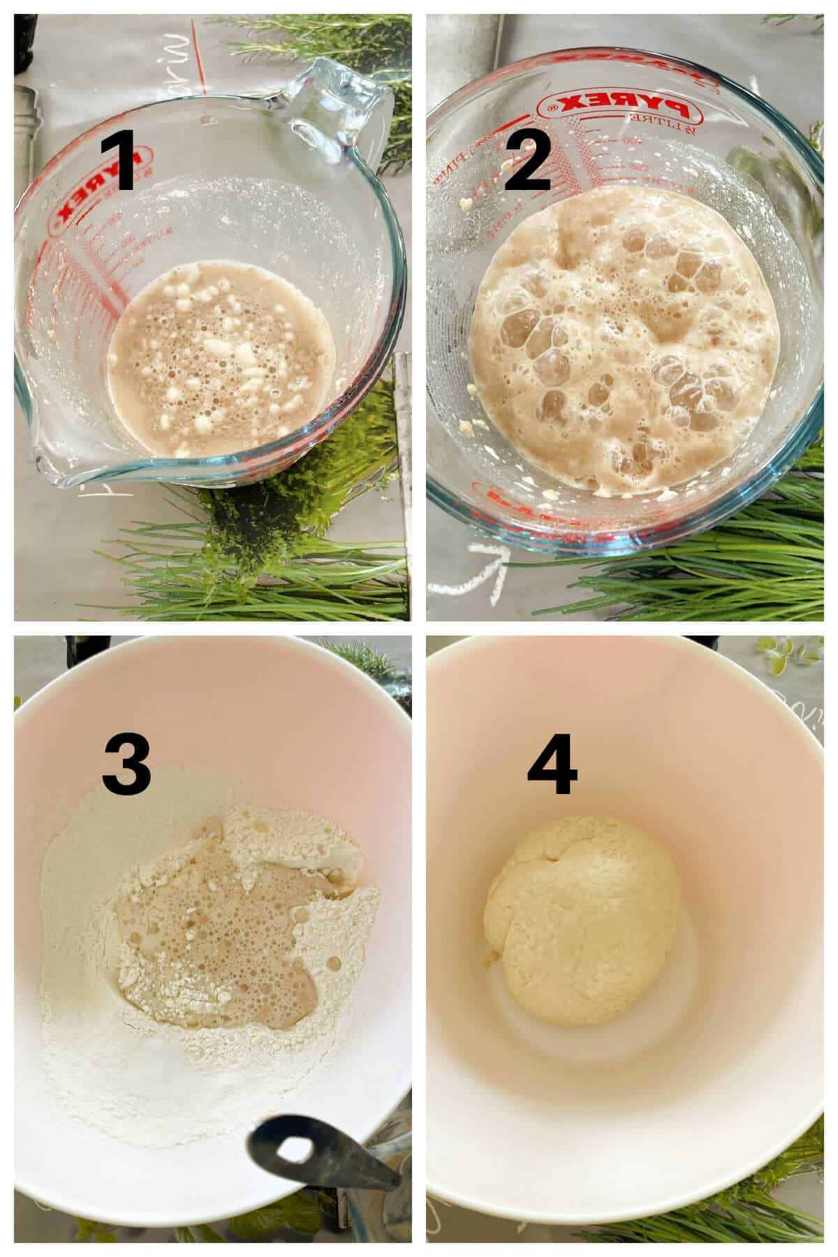 Collage of 4 photos to show how to make dough for buns.