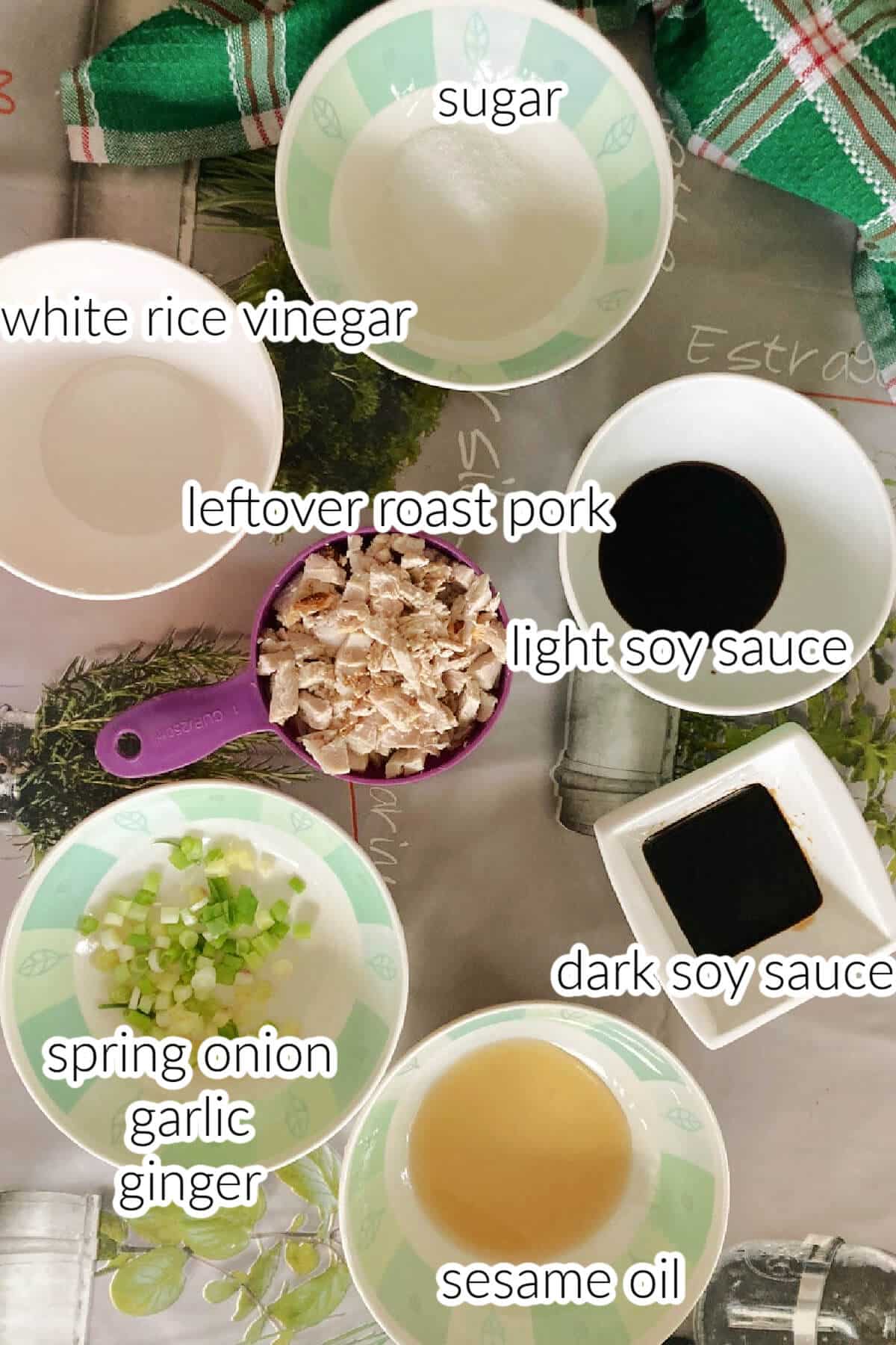 Ingredients needed to make pork filling for Chinese buns.