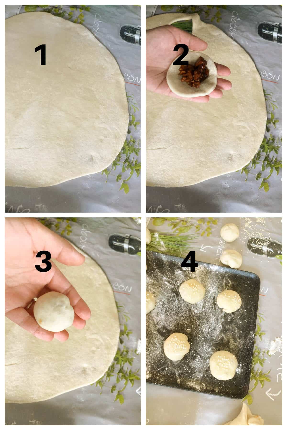 Collage of 4 photos to show how to make Chinese pork buns.