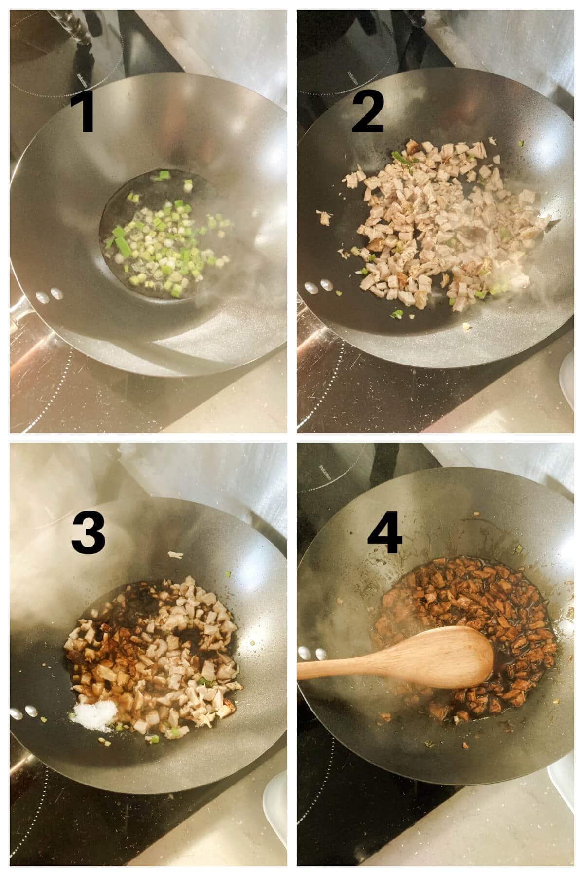 Collage of 4 photos to show how to make pork filling for the Chinese buns.