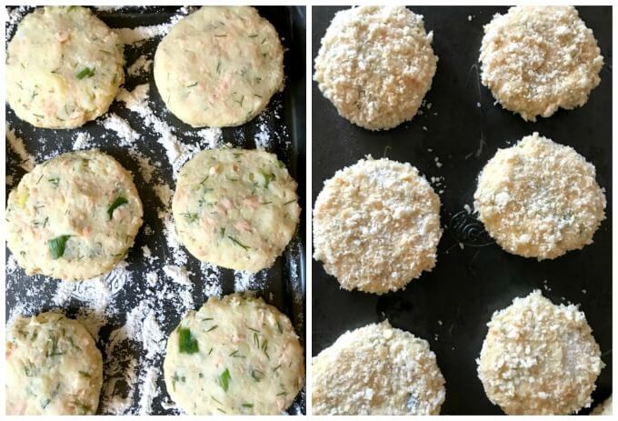 Collage of 2 photos to show how to make baked salmon patties.