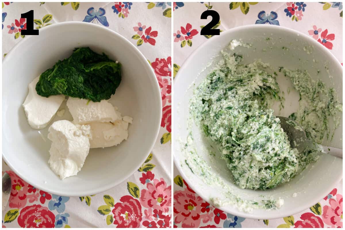 Collage of 2 photos to show how to make ricotta and spinach filling.