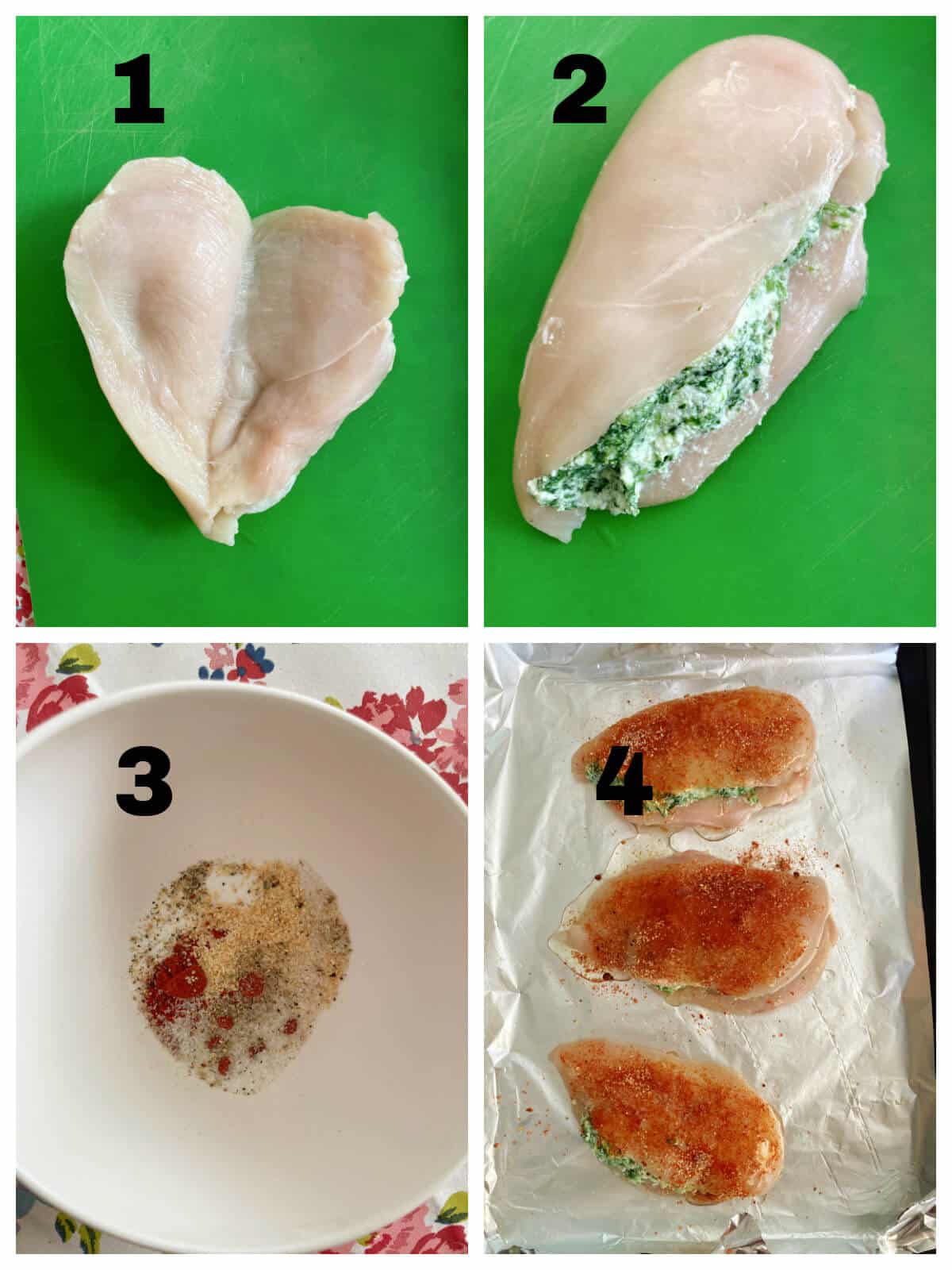 Collage of 4 photos to show how to make stuffed chicken breasts with spinach and ricotta.