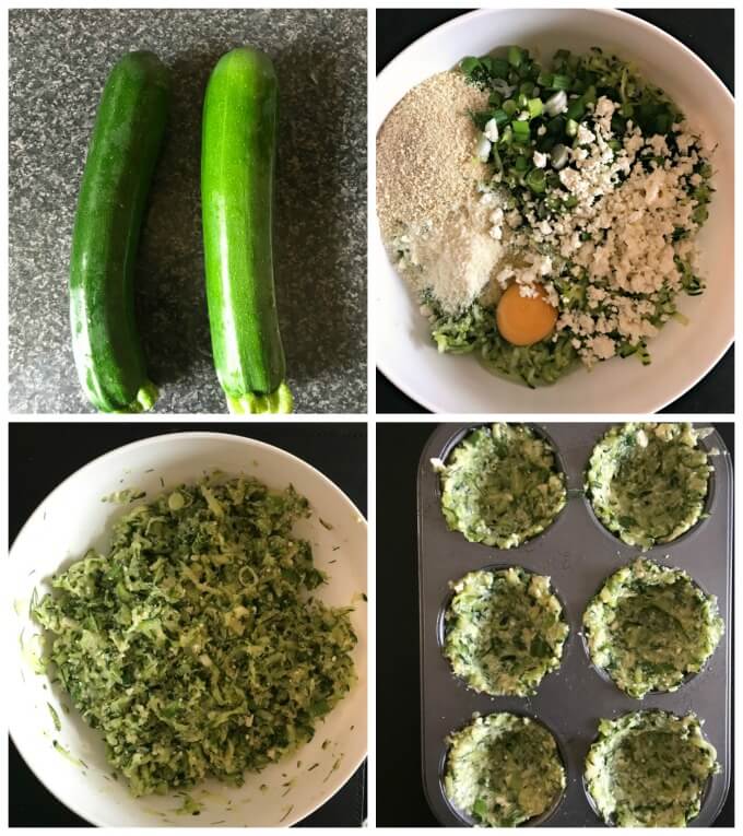 Collage of 4 photos to show how to make baked zucchini bites.