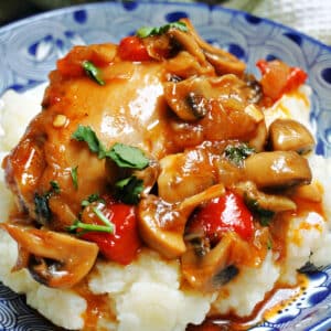 Close-up shoot of a blue plate with chicken stew with mushrooms on a bed of mash