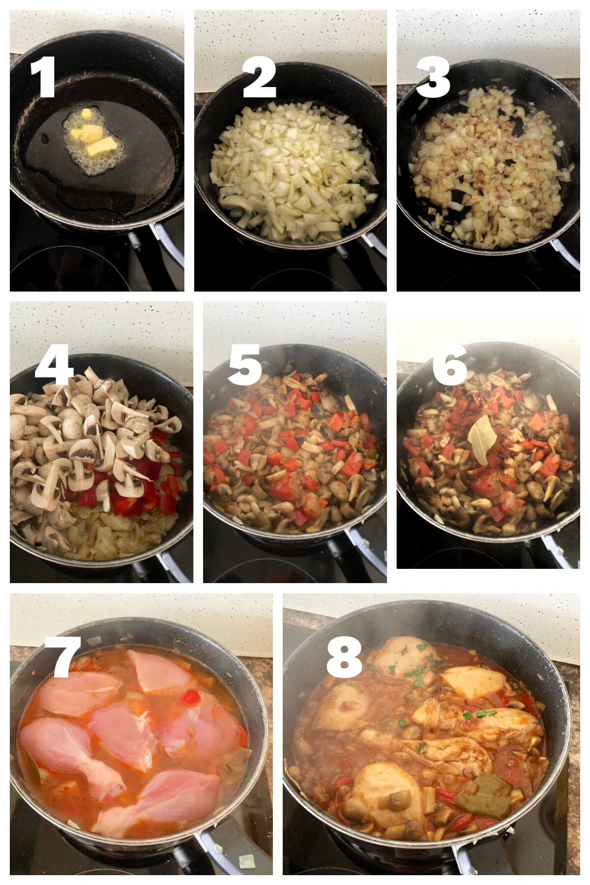 Collage of 8 photos to show how to make chicken and mushroom casserole.