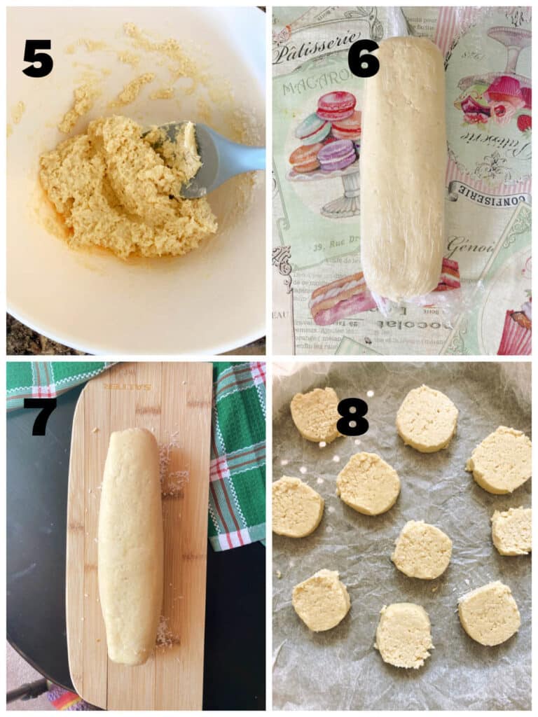 Collage of 4 photos to show how to make coconut shortbread