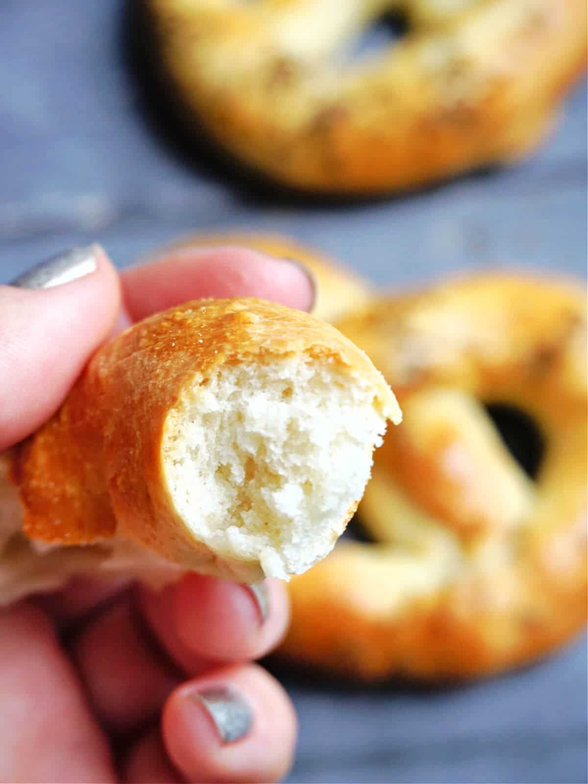 Half a pretzel to show how soft they are inside.