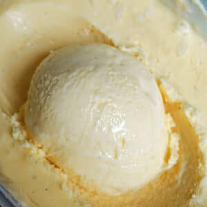 Close-up shoot of a vanilla ice cream scoop in an ice cream tub