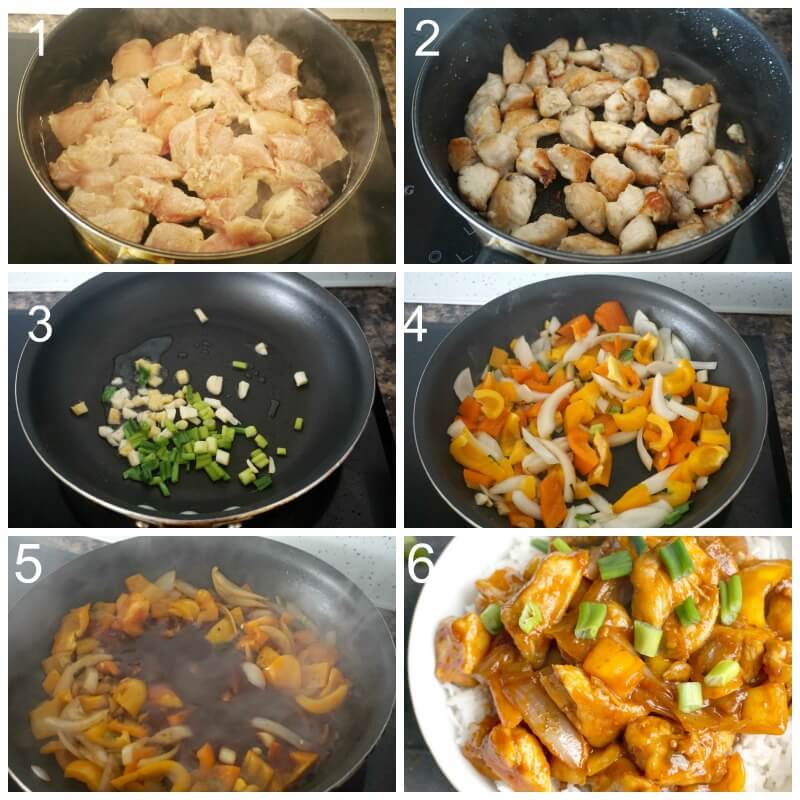 Collage of 6 photos to show how to make sweet and sour chicken.