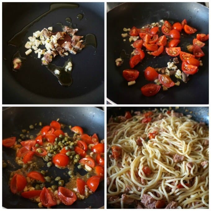 Collage of 4 photos to show how to make tuna spaghetti.