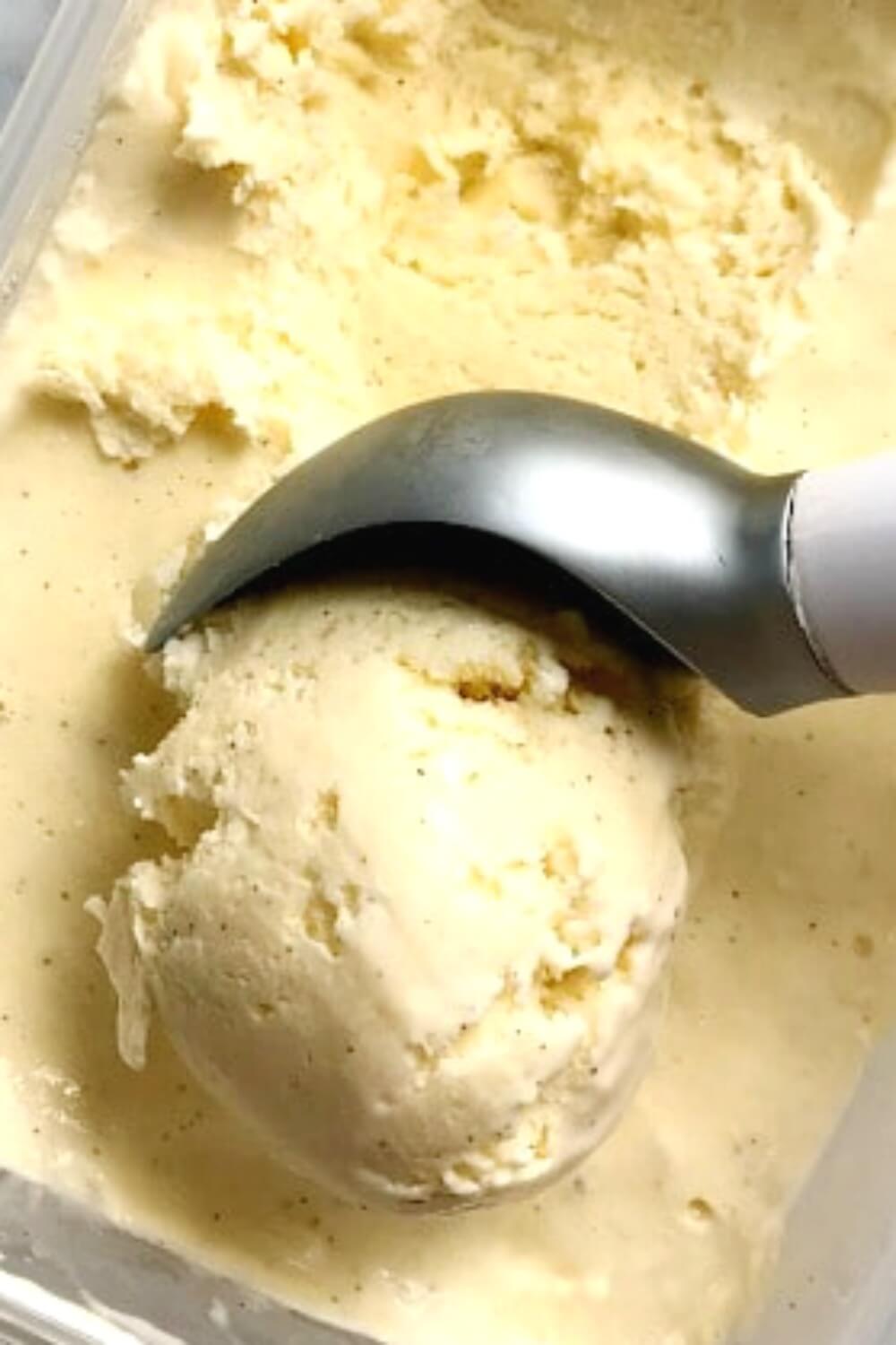 A scoop of vanilla ice cream on an ice cream tub
