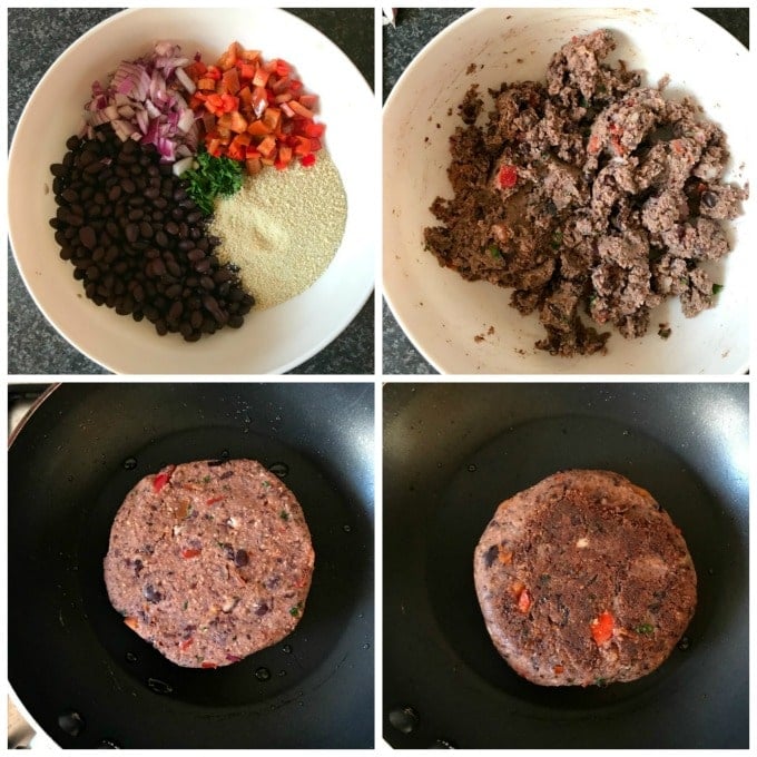 Collage of 4 photos to show how to make vegan black bean burgers.