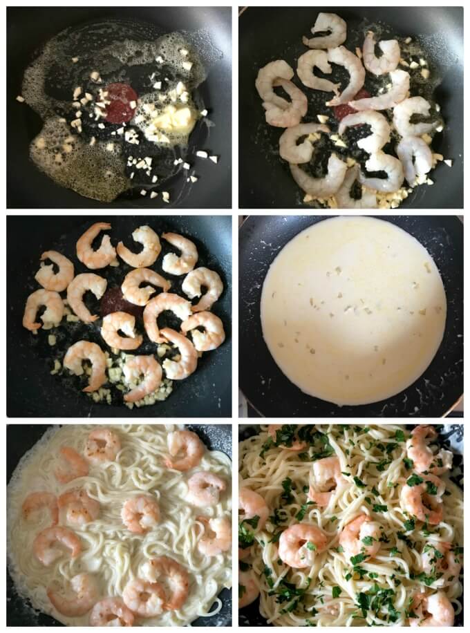 Collage of 6 photos to show step by step intructions how to make shrimp alfredo pasta.