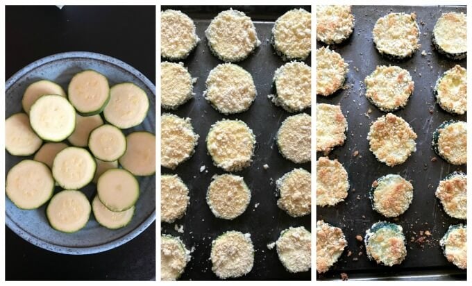 Collage of 3 photos to show how to make baked zucchini chips