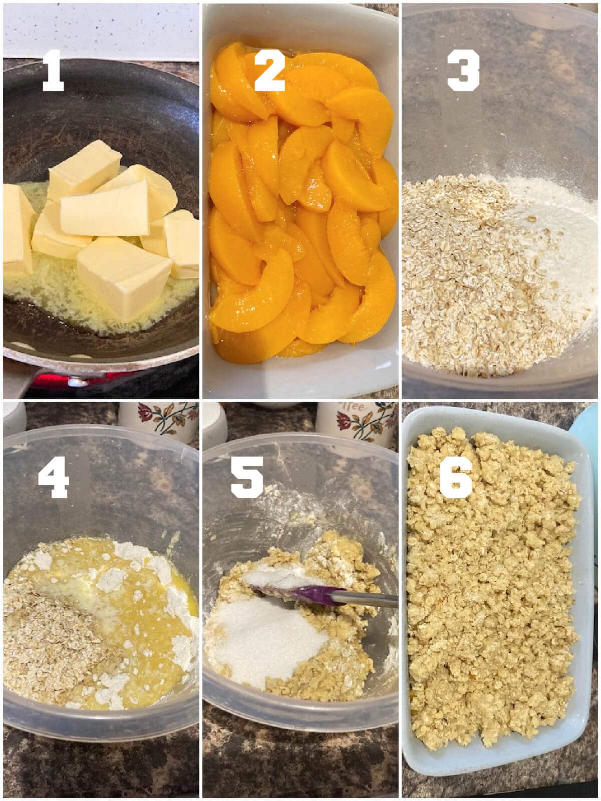 Collage of 6 photos to show how to make canned peach crumble