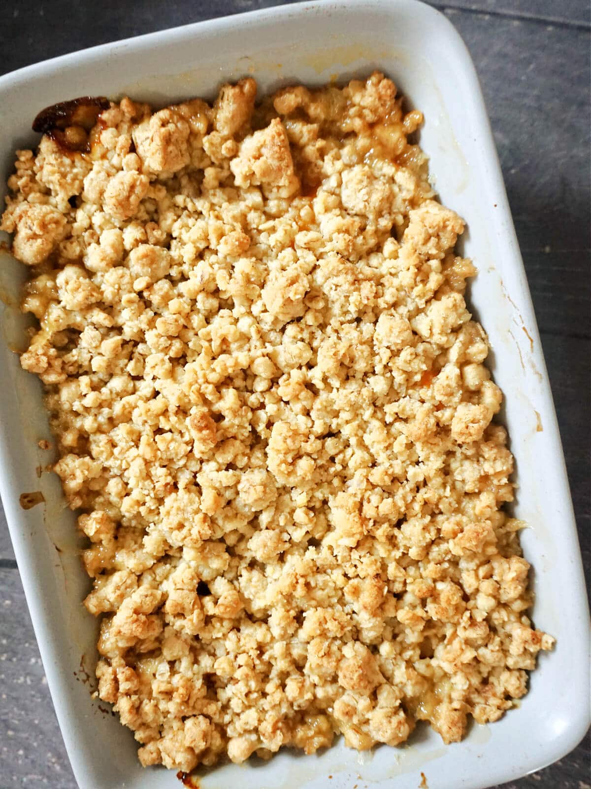 Overhead shot of an oven dish with crumble.