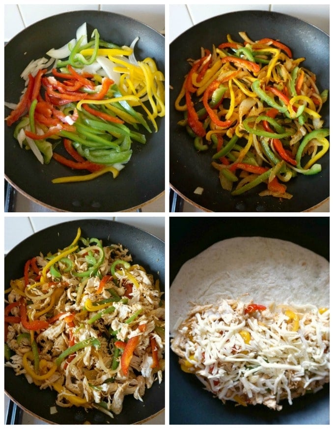 Collage of 4 photos to show how to make chicken fajita quesadillas