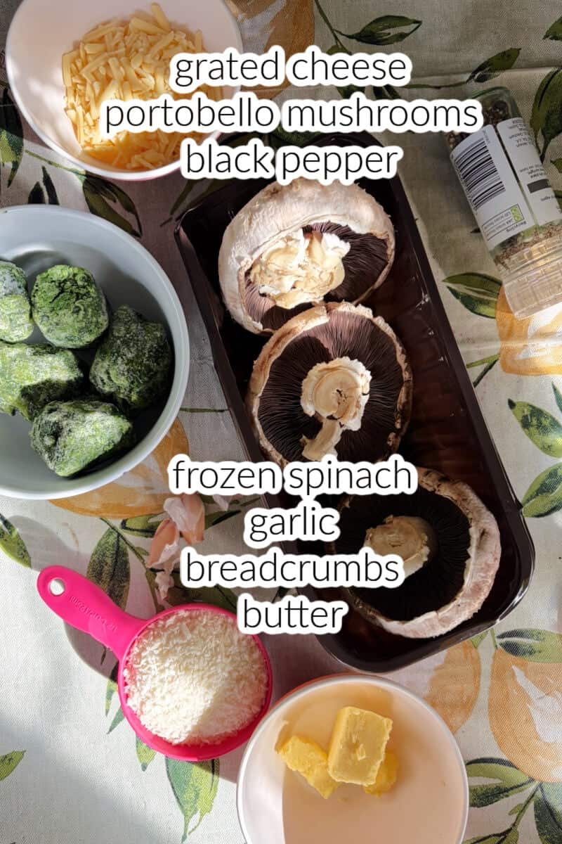 Ingredients listed to make stuffed mushrooms.