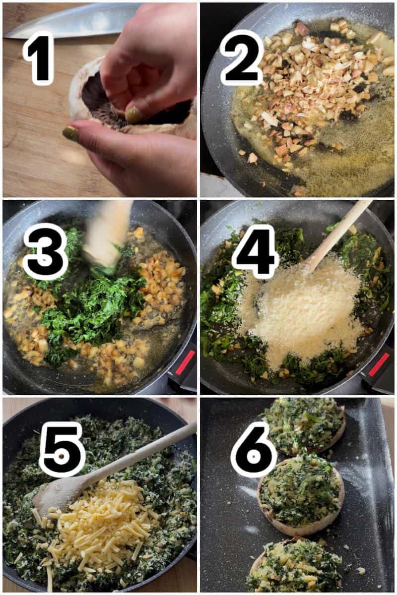 Collage of 6 photos to show how to stuff portobello mushrooms.
