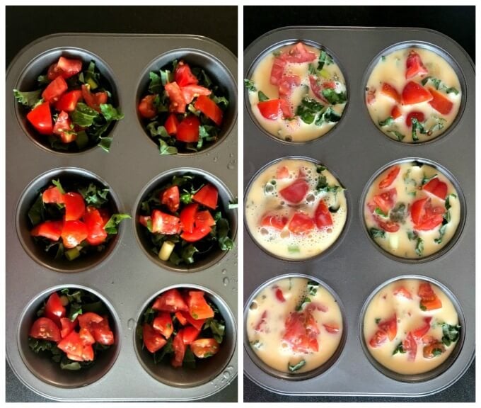Collage of 2 photos to show how to make breakfast egg muffin cups