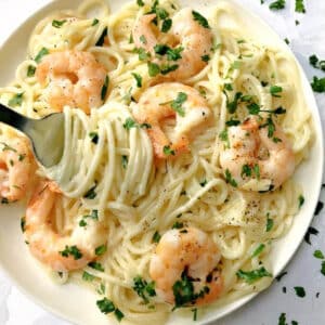 A white plate with alfredo spaghetti with prawns and fresh parsley