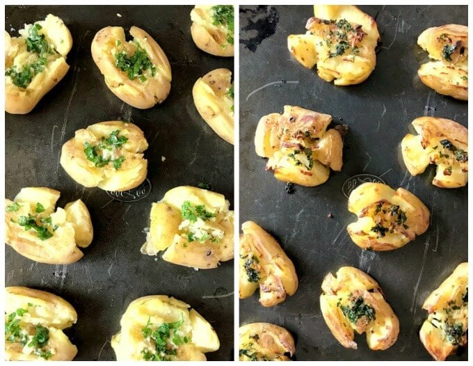 Collage of 2 photos to show the before and after cooking the garlic smashed potatoes.