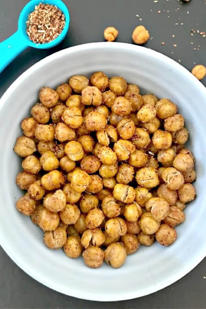 A light blue bowl with roasted chickpeas