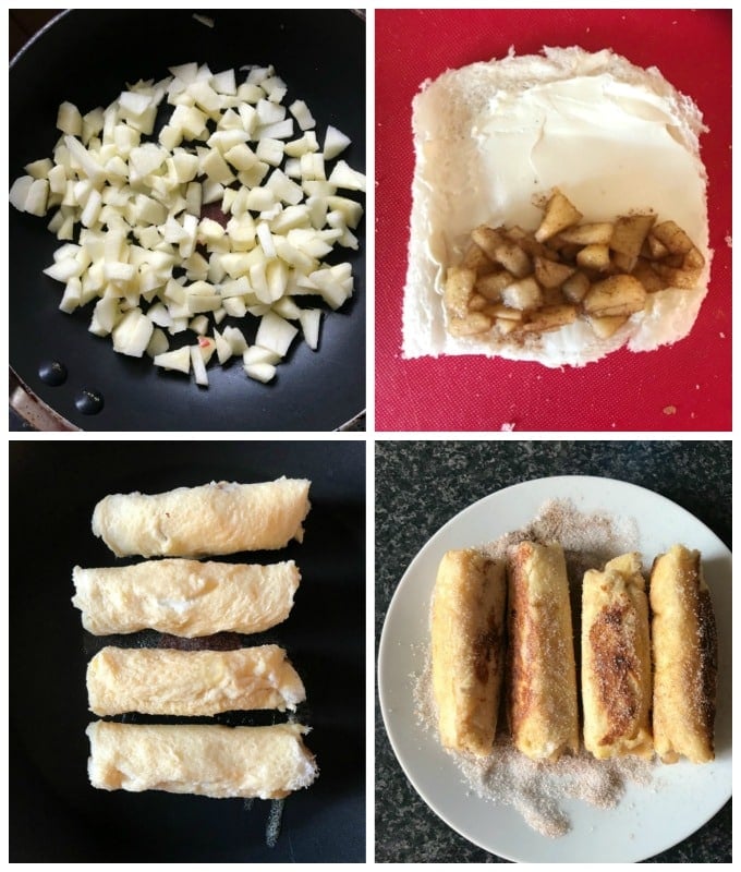 Collage of 4 photos to show step-by-step instructions how to make Apple Pie French Toast Roll-Ups.