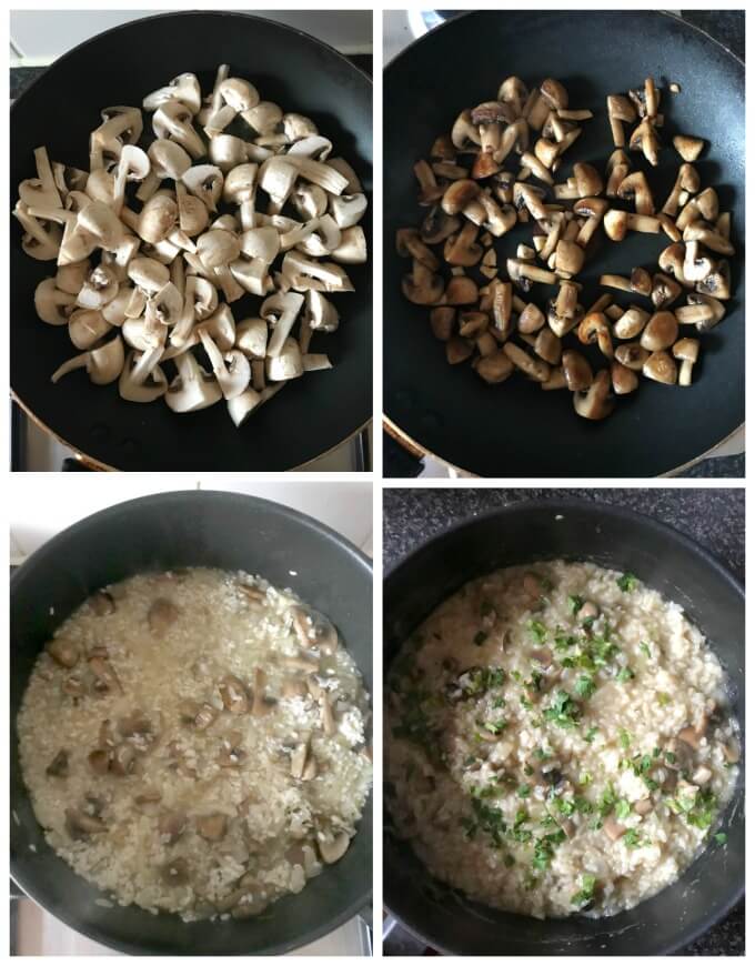 Collage of 4 photos to show how to make creamy mushroom risotto.