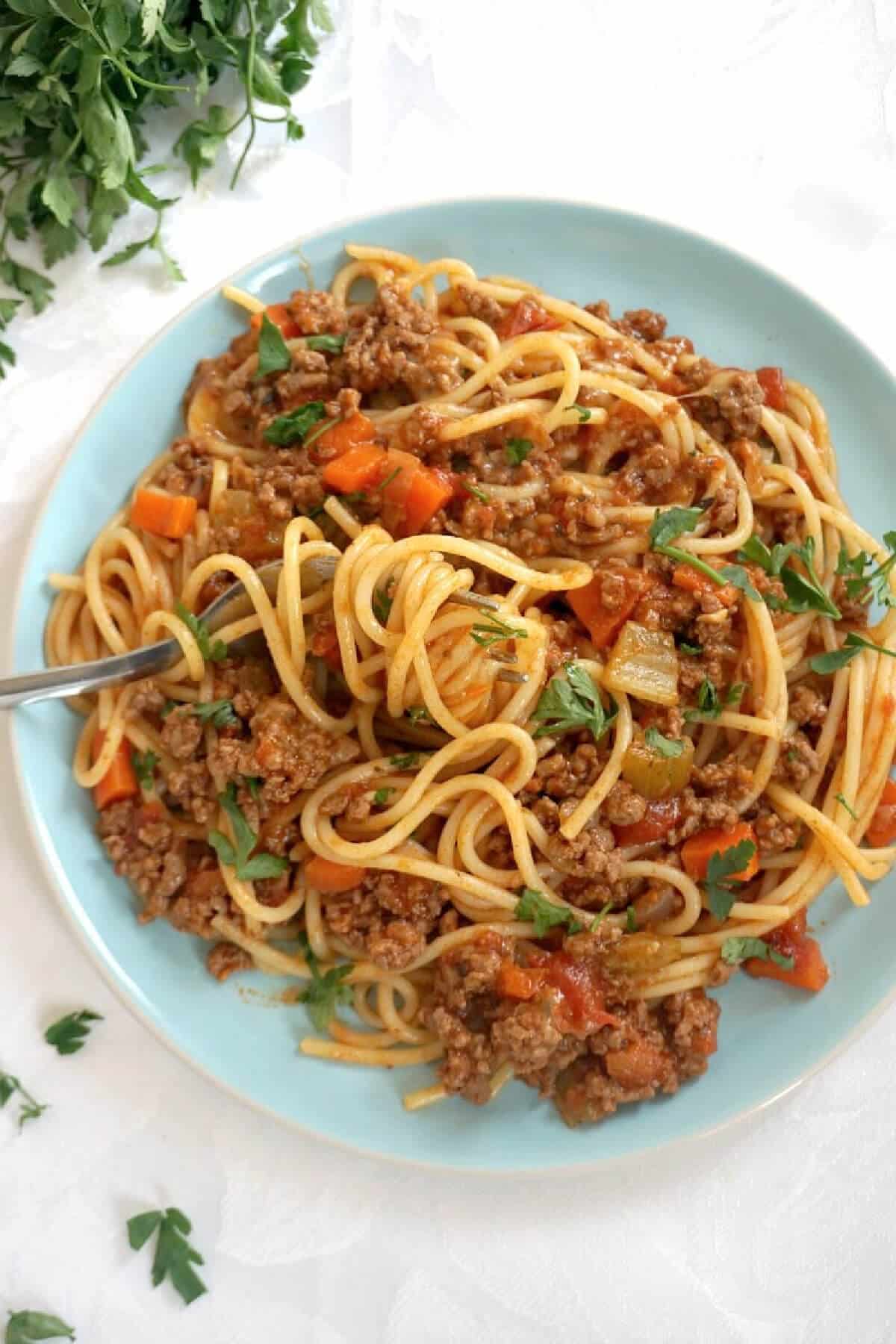 A light blue plate with spaghetti bolognese.