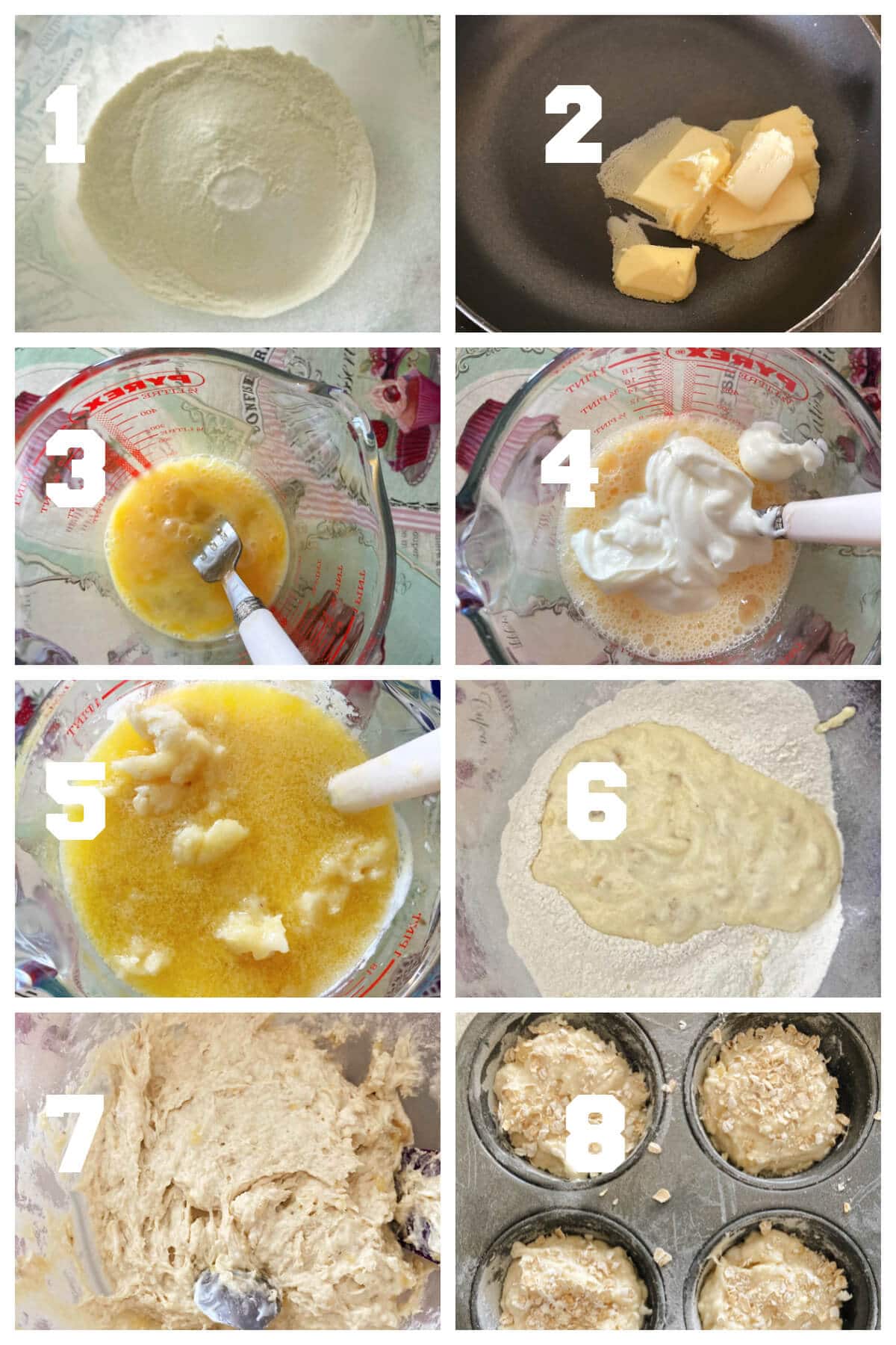 Collage of 8 photos to show how to make banana muffins