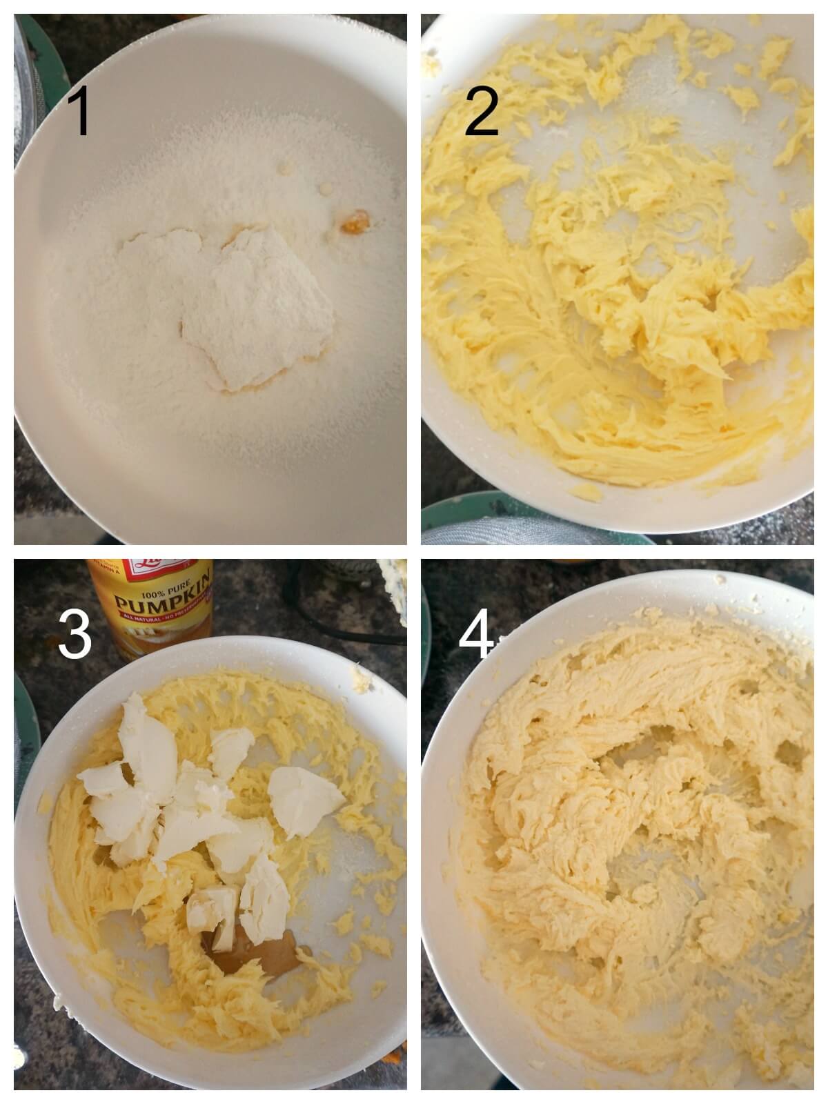 Collage of 4 photos to show how to make the cream cheese filling for the pumpkin roll.