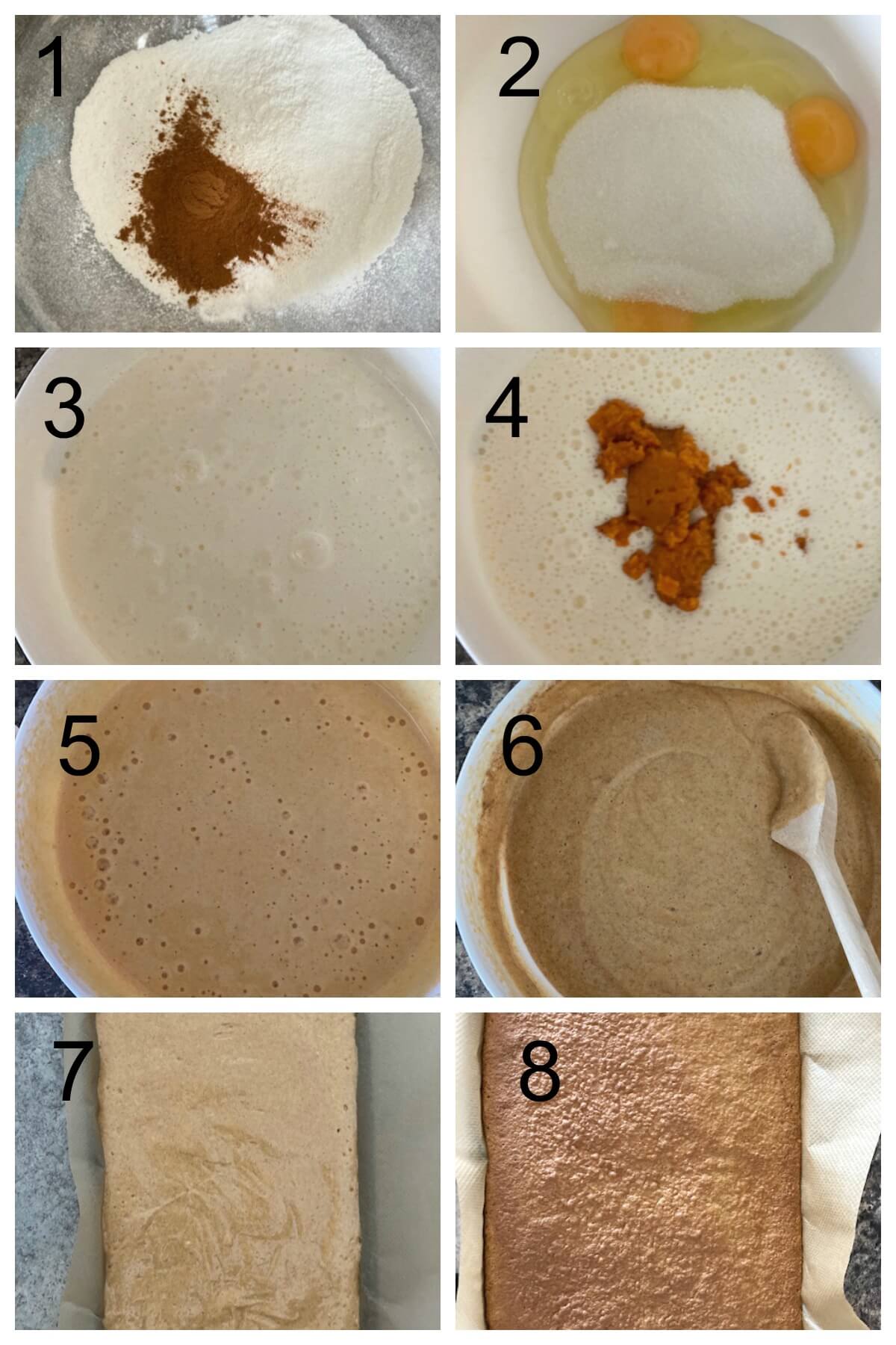 Collage of 8 photos to show how to make the sponge for the pumpkin roll.