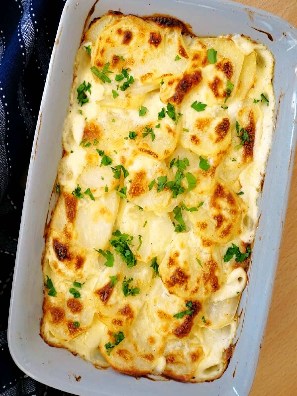 Overhead shoot of a dish with potato gratin