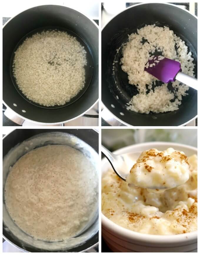 Collage of 4 photos to show how to make creamy rice pudding.