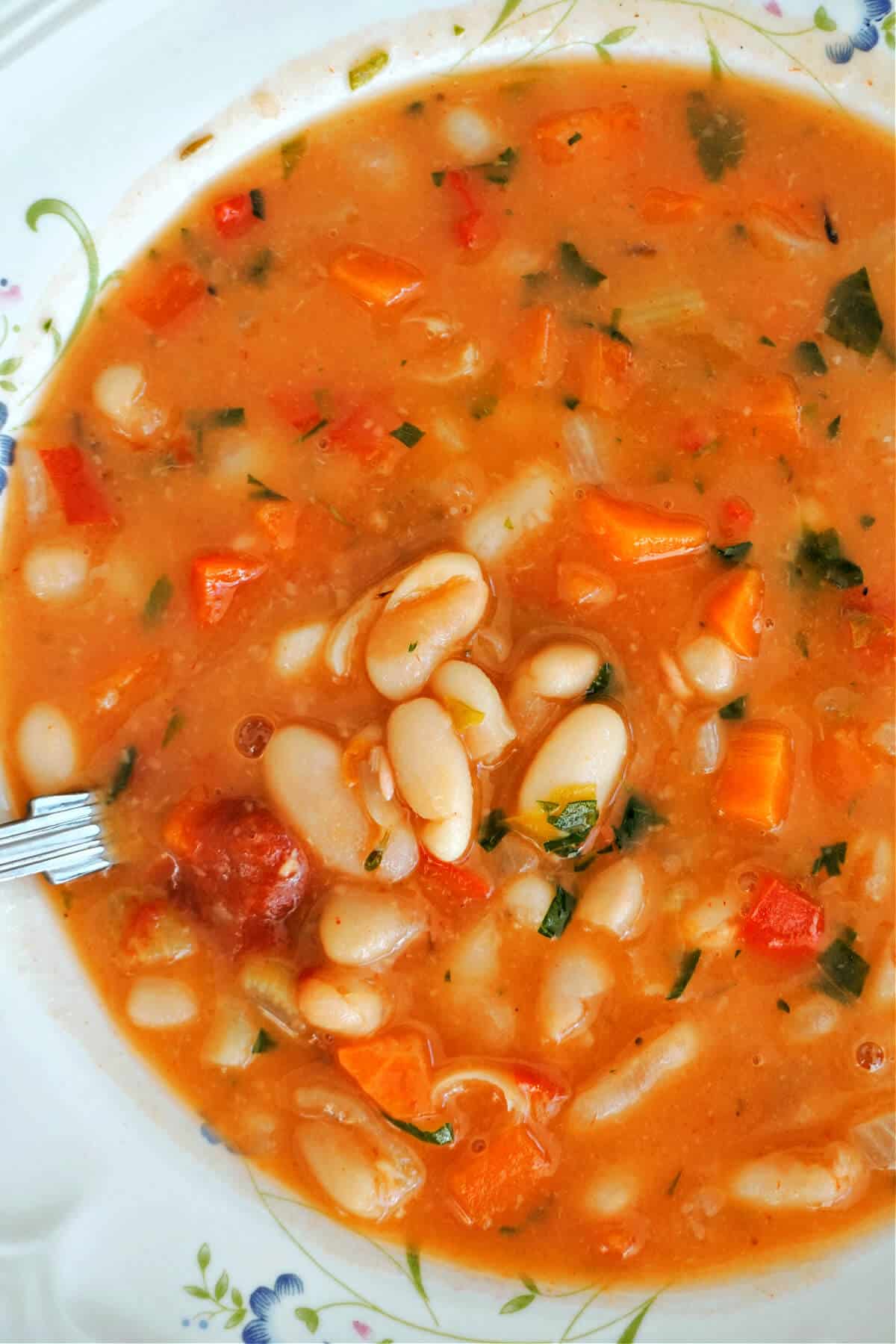 Close-up shoot of a bean soup in a white bowl.