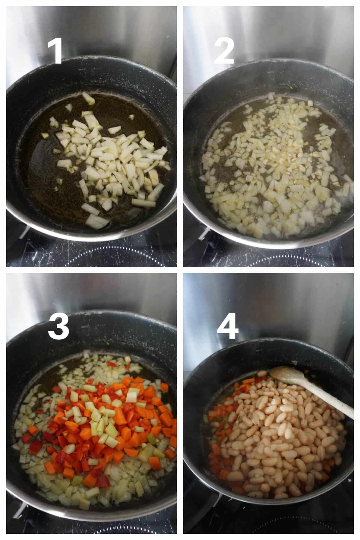 Collage of 4 photos to show how to make beans soup.