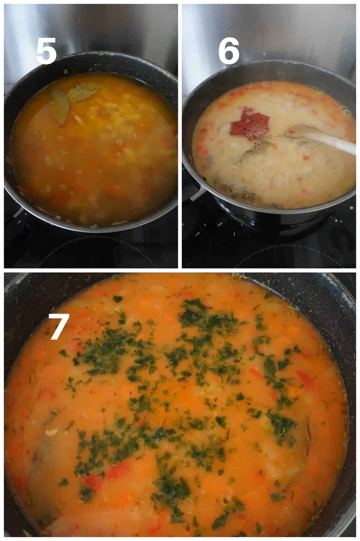 Collage of 3 photos to show how to make white bean soup.