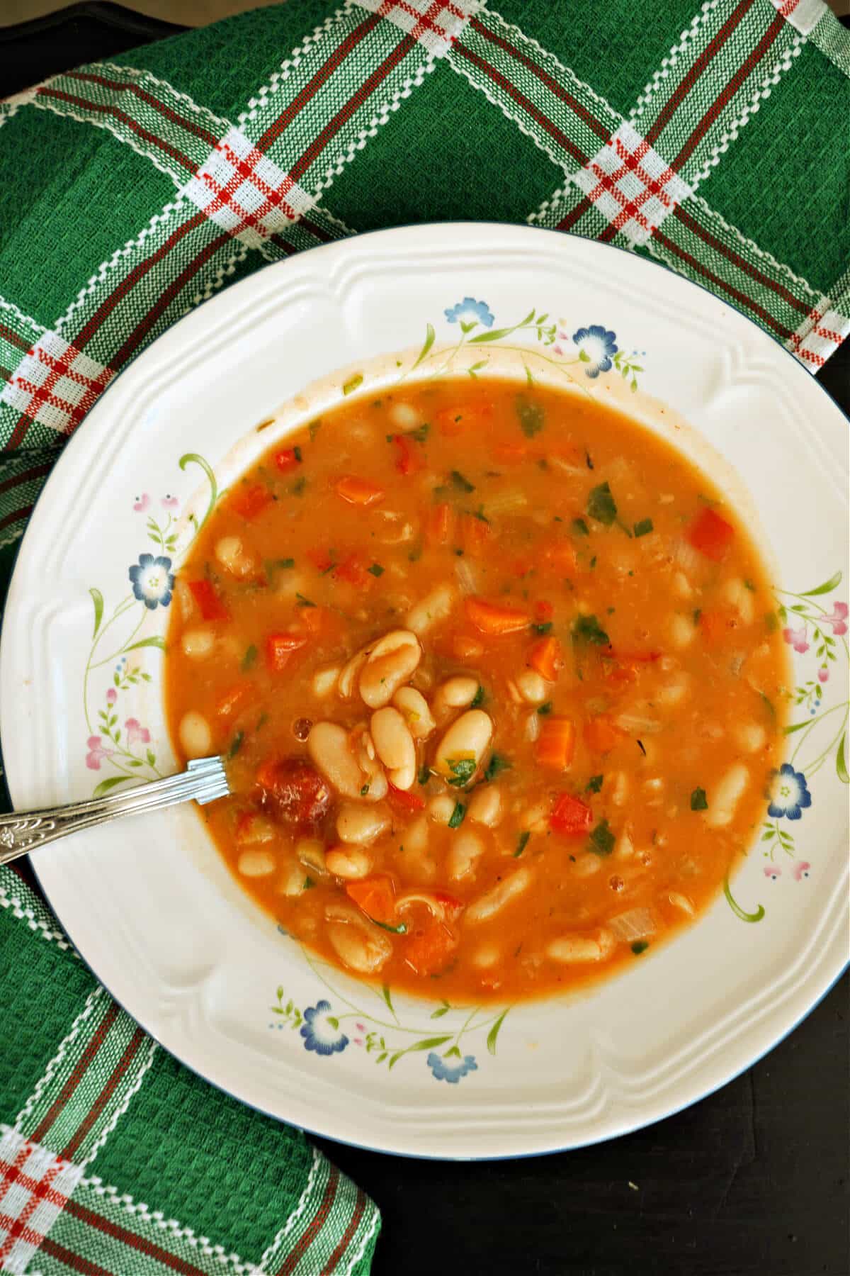 A white plate with bean soup.