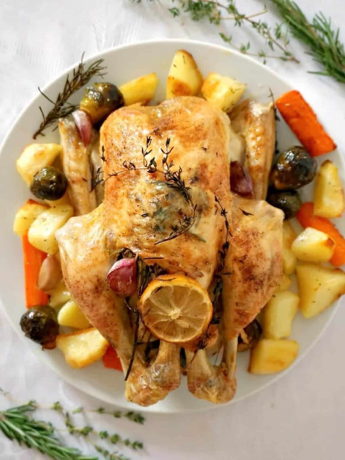 Overhead shoot of a white plate with a roast chicken with veggies around it.
