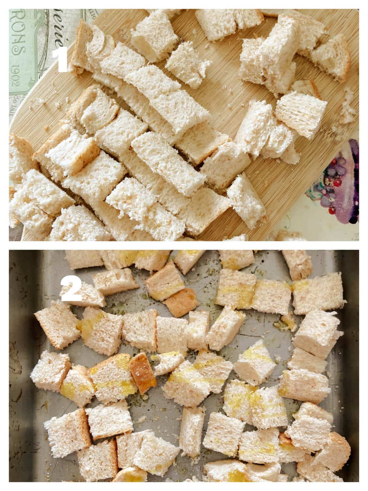 Collage of 2 photos to show how to make croutons.